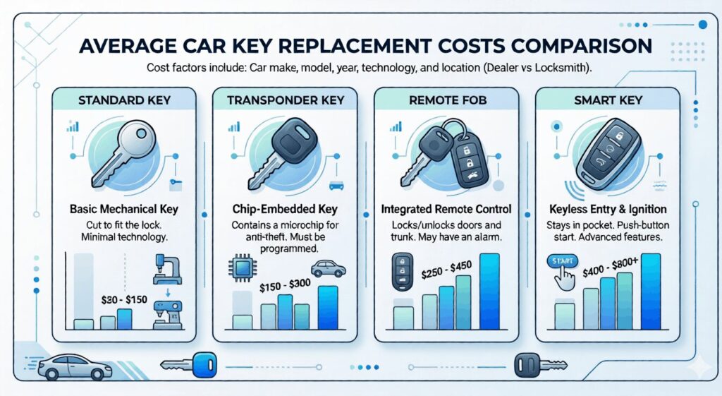 car key replacement cost comparison chart by key type