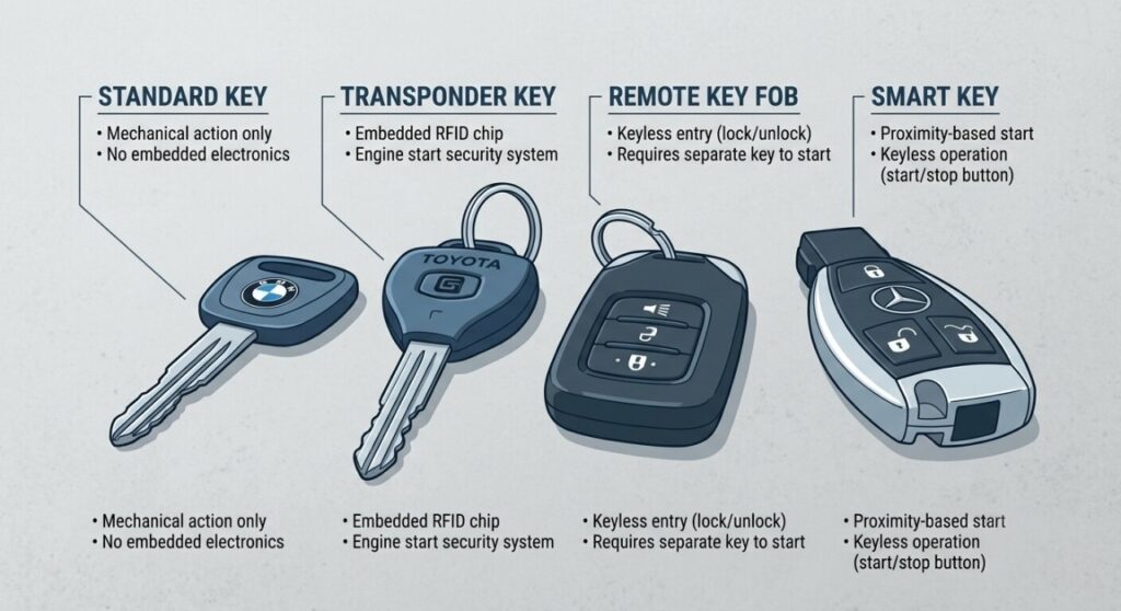 different types of car keys standard transponder smart key fob