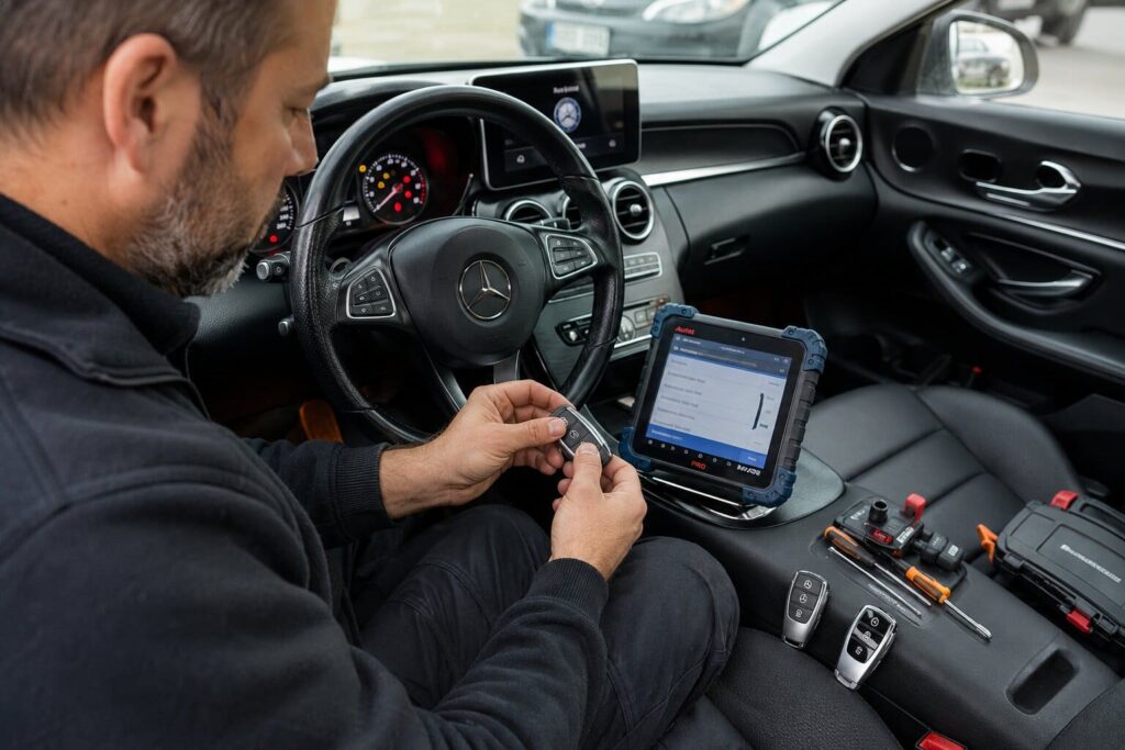 Person programming a car key fob inside a modern vehicle