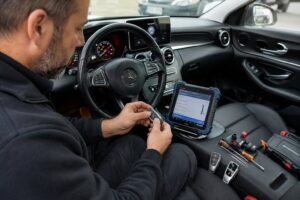 Person programming a car key fob inside a modern vehicle