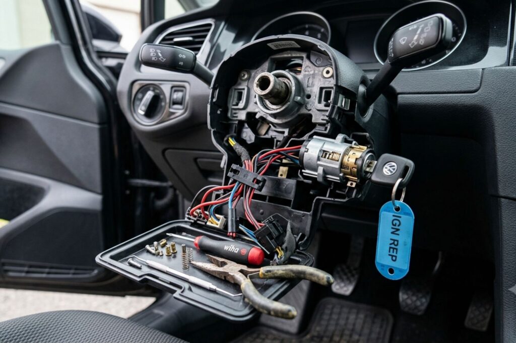 Toyota ignition repair scene in a garage